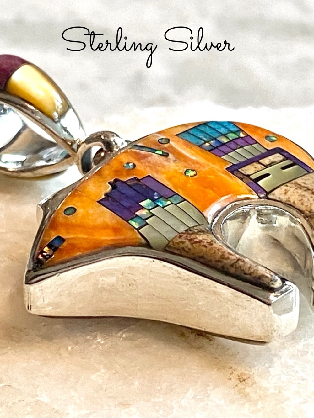 Sterling Silver Micro Inlay Bear Reversible Pendant, Southwestern Style Design - Picture 5 of 11